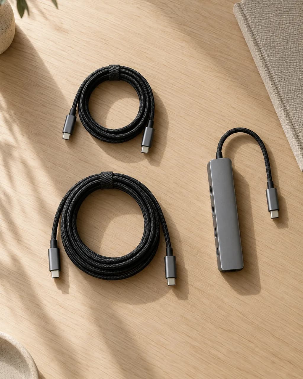Braided USB-C cables and a grey aluminium hub on an oak desk