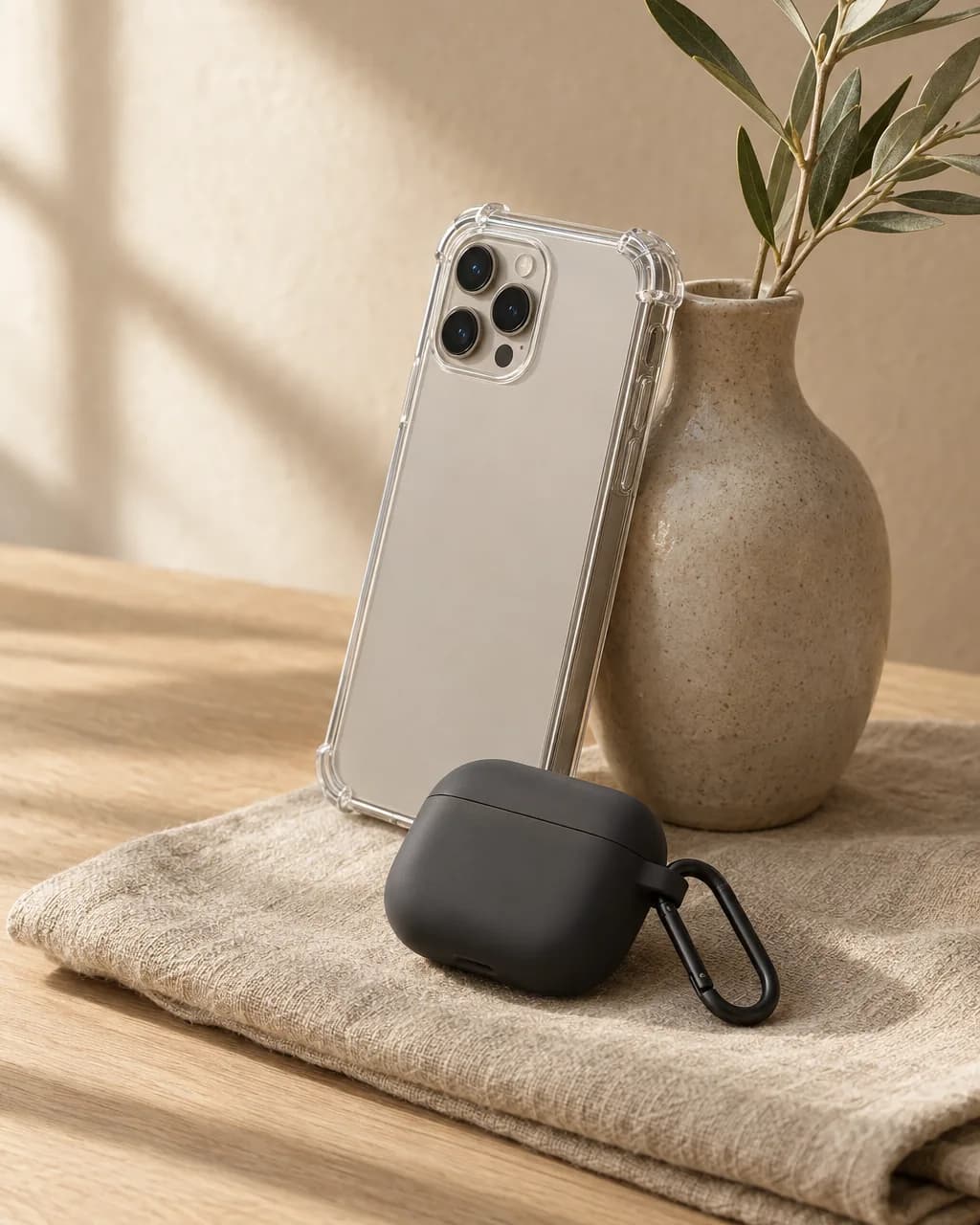 A phone in a clear case and a charcoal earbud case on a linen cloth