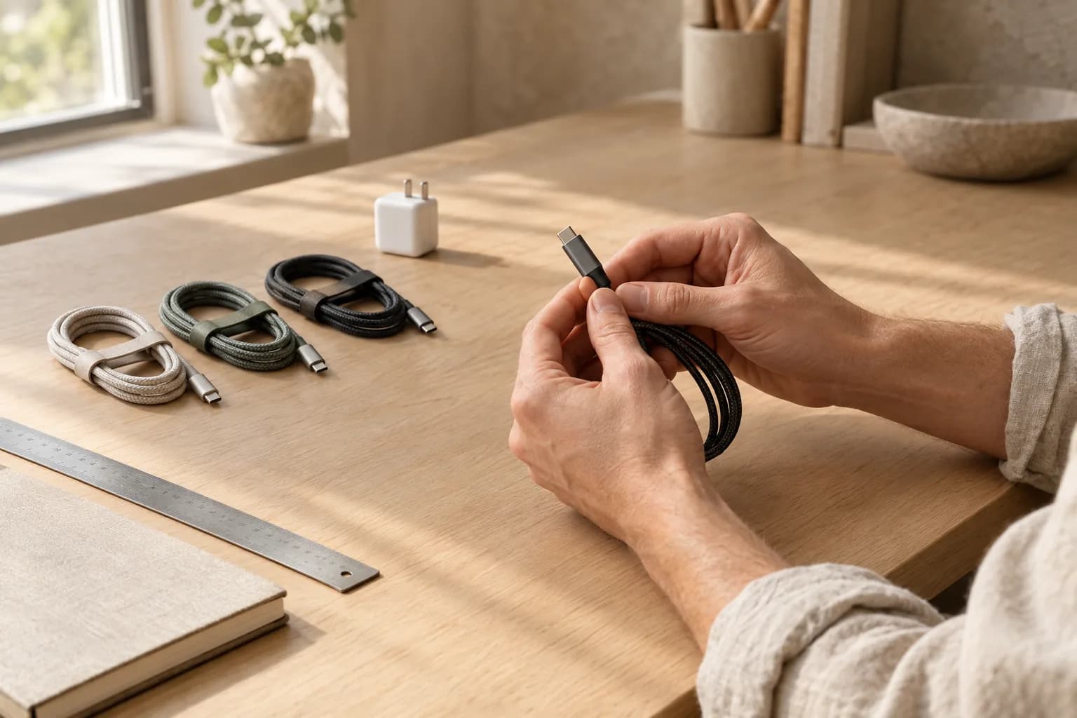 Hands checking the connector of a braided cable at a workbench