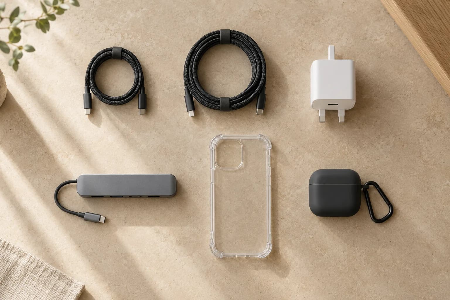 The range laid out on warm stone: cables, a charger, a hub and two cases